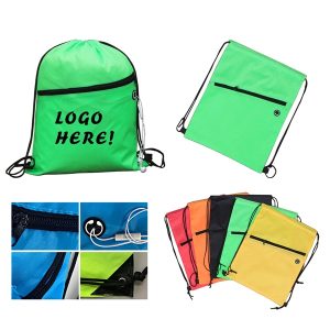 Drawstring Backpack w/ Earbud Hole and Zipper Pocket