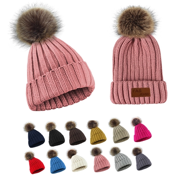 Acrylic Knit Beanie W/ Faux Fur Pom
