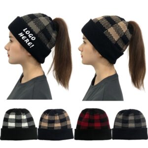 Lady Leopard Print Ponytail Knit Beanie Hat
