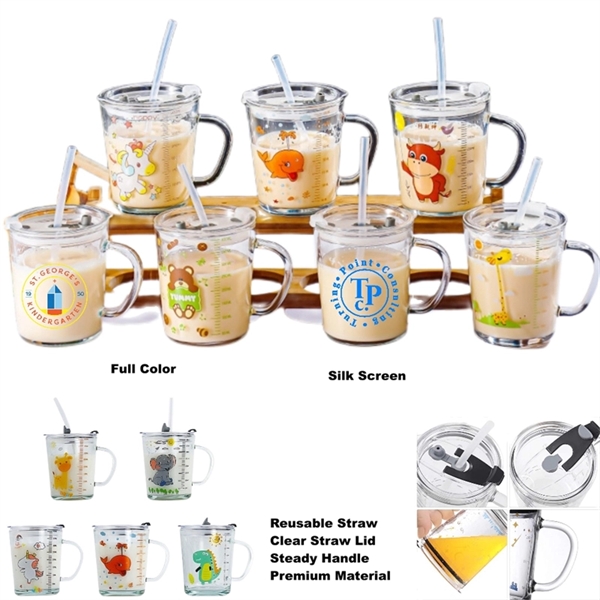 400 ML Cartoon Printed Milk Glass Sipper Mug Jar With Straw
