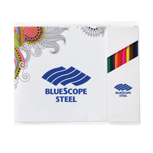 Deluxe 7" x 7" Adult Coloring Book andamp; 8-Color Pencil Set